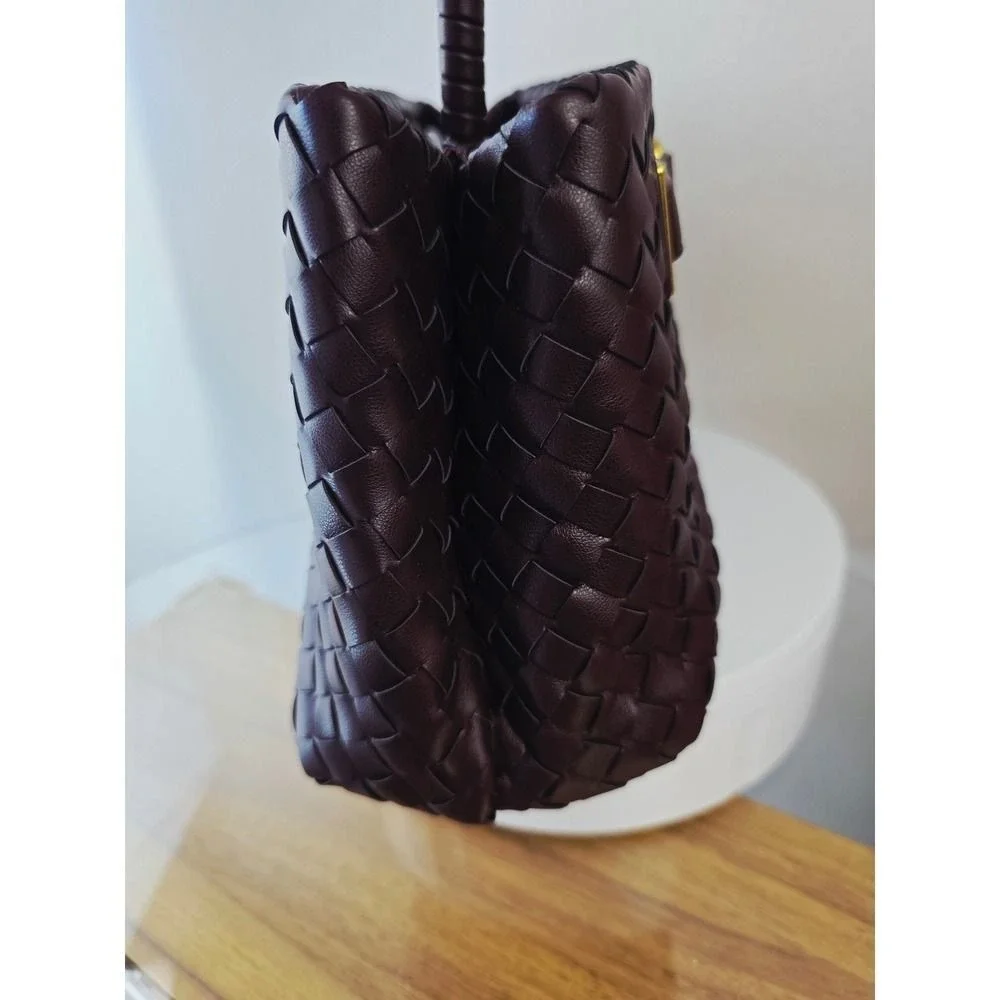 Woven Vegan Leather Satchel Handbag Burgundy Gold X Hardware Top Handle Bag